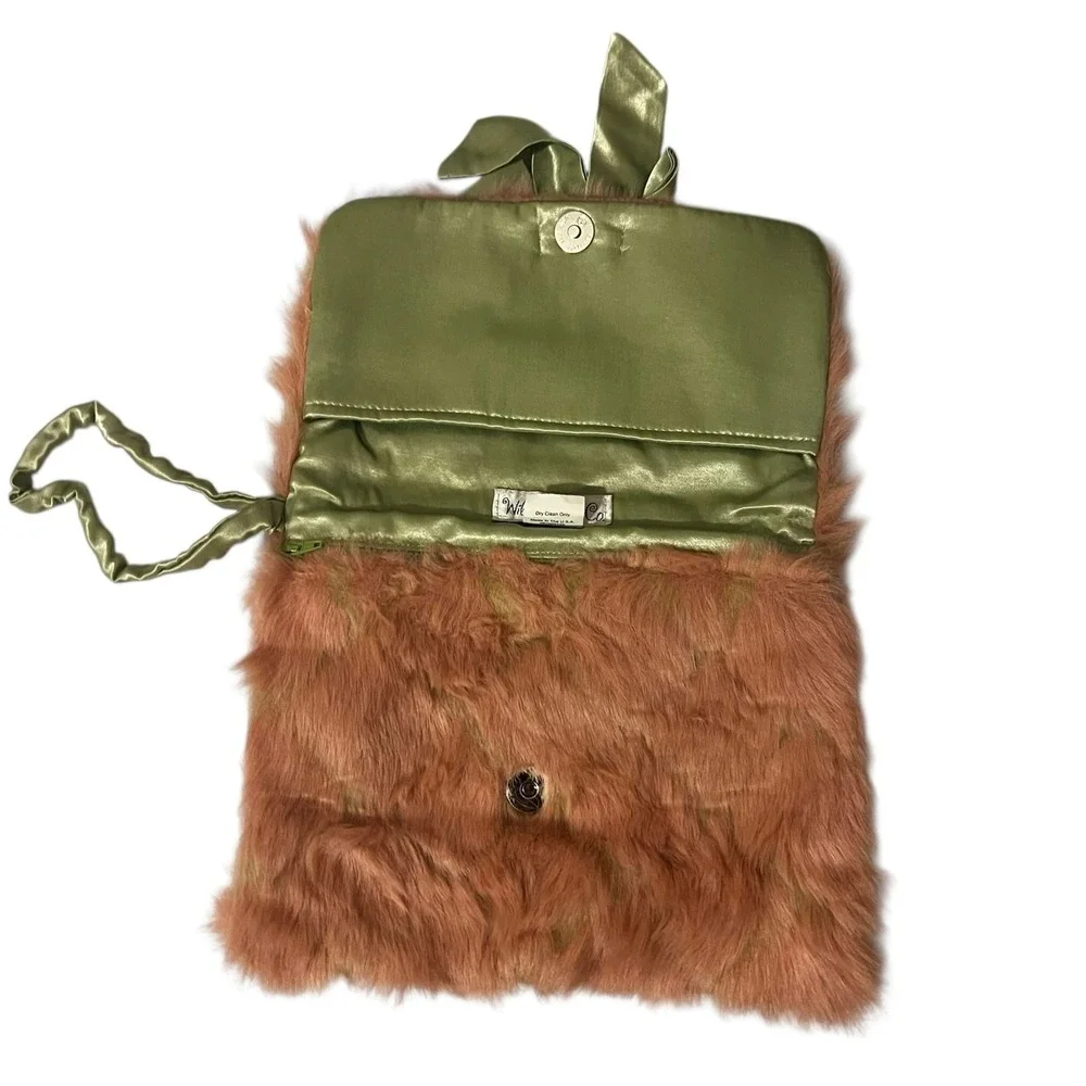 Wills River Co Faux Fur Bow Clutch Wristlet Bag Pink Green Coquette Size OS